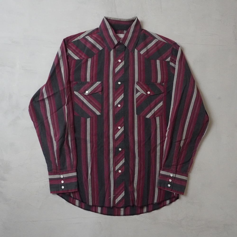 Vintage Frontier Mens Western Pearl Snap Shirt Burgundy Striped Long Sleeve L